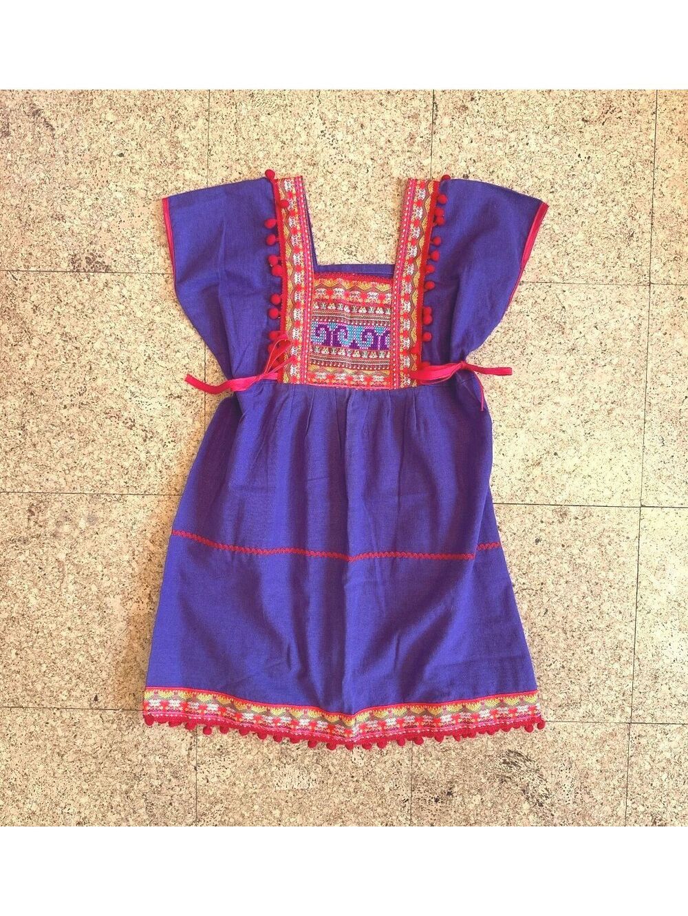 Purple Cotton Embroidered Thai Dress Girls 8 Adjustable Sides Handmade Pom Poms